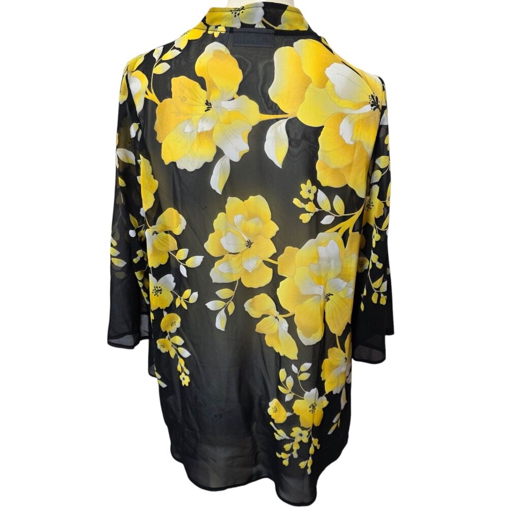 Susan Graver Floral Sheer Kimono Cardigan Black Yellow Open Front XS